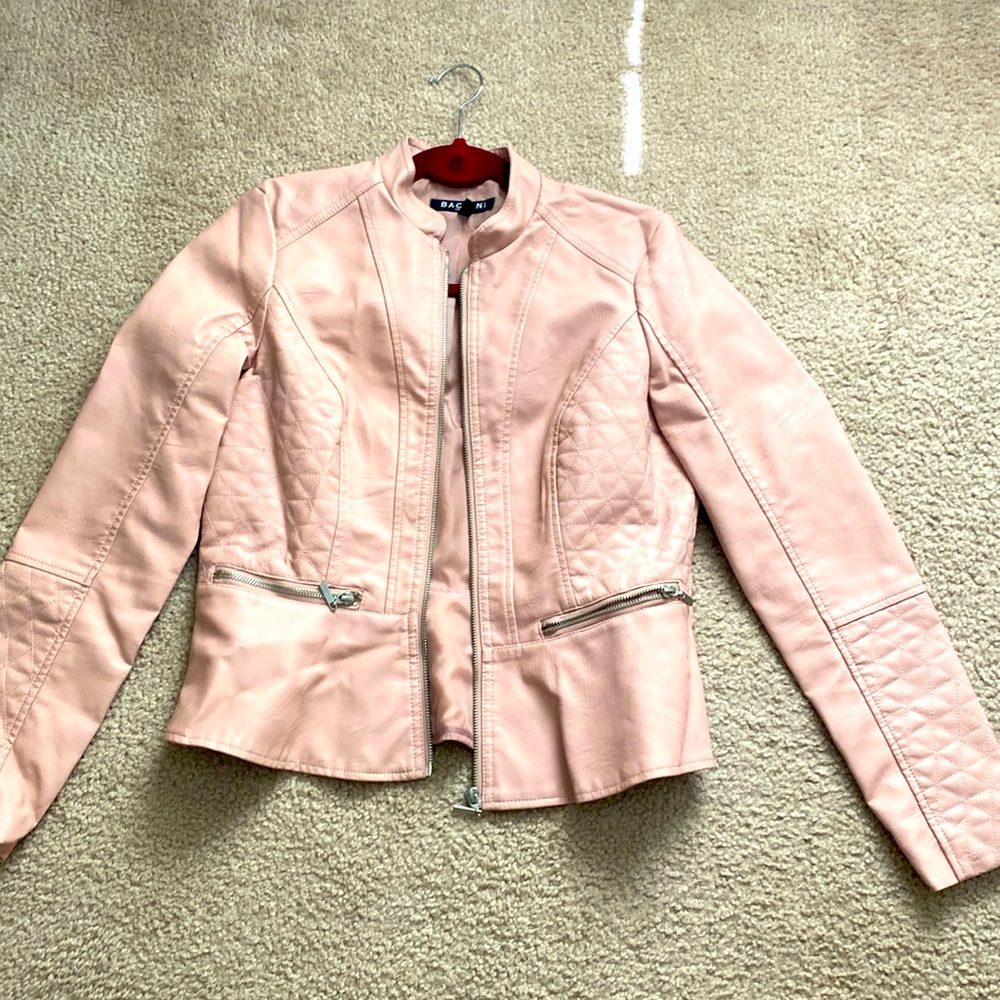 Faux leather jacket light pink zipper front zipper pockets fully lined